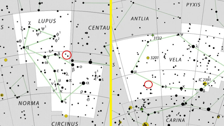 A V462 Lupi és a V572 Velorum nóvák elhelyezkedése a Lupus és a Vela csillagképekben. (Kép forrása: IAU/Wikimedia - Live Science)