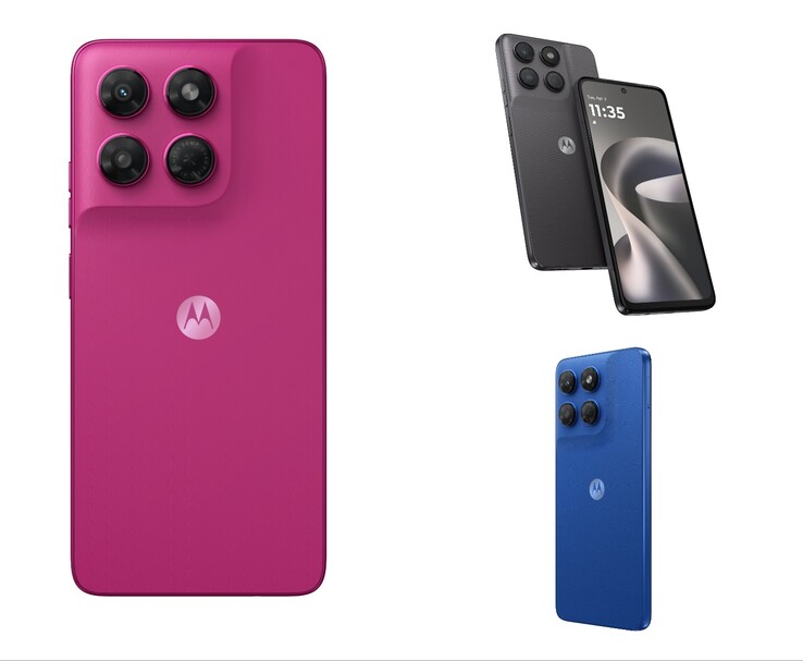 A Motorola moto g37 Pantone Fuchsia Red, Pantone Impenetrable és Pantone Nautical Blue színválasztékban látható.