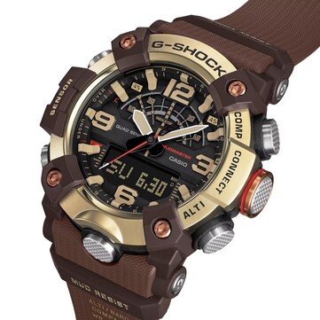 A G-Shock Mudmaster GG-B100XMH-5A szögből fényképezett képe, amelyen látható a digitális-analóg kijelzője, valamint a világossárga és barna színvilág.