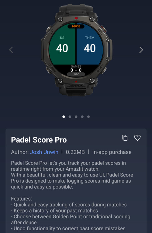 A Padel Score Pro Mini alkalmazás Amazfit okosórákra