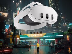 Meta Quest 3 VR headset a Cyberpunk 2077 Night City-ben (Kép forrása: Meta, Steam, szerkesztve)