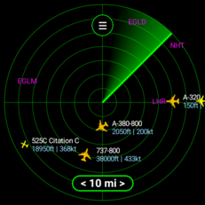 Radar-stílusú kijelzés a Flight Scanner alkalmazásban