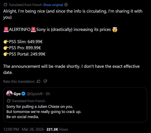 Gépiesen lefordított PS5 áremelési pletyka az X-en