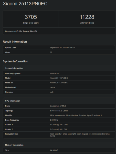 Új Snapdragon 8 Elite Gen 5 Geekbench pontszám (kép forrása: Geekbench)