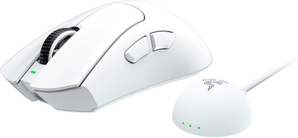 Razer DeathAdder V4 Pro vezeték nélküli dongle-lal fehér színben (Kép forrása: Amazon)