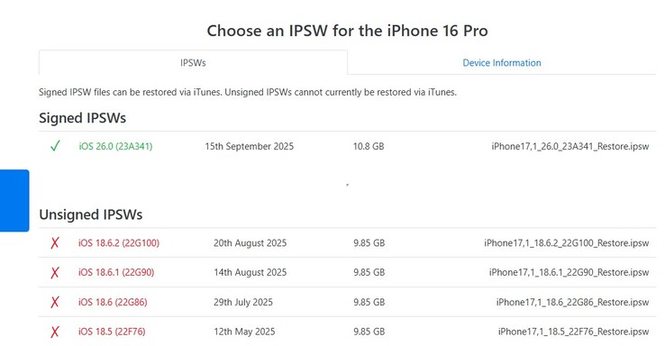Szeptember 23-tól az iOS 26.0 az iOS egyetlen aláírt verziója, amely az iPhone 16 sorozathoz és más iOS 26-os készülékekhez elérhető. (Kép forrása: IPSW)