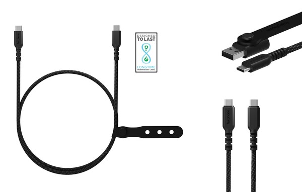 A Fairphone USB-C kábelei fonottak, és USB-A adapterrel érkeznek. (Kép forrása: Fairphone)