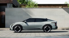 Egy épület előtt parkoló Kia EV4 (Kép forrása: Hyundai Motor Group via Unsplash)