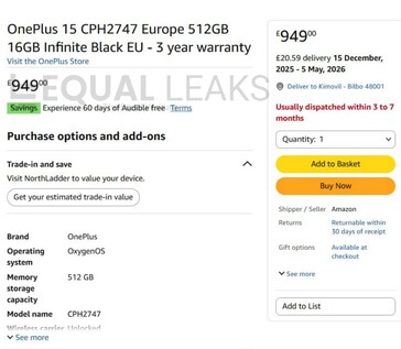 OnePlus 15 listázás az Amazon UK (Kép forrása: Egyenlő szivárgás)
