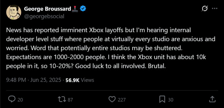 George Broussard Xbox elbocsátási pletyka (Kép forrása: screenshot, George Broussard X account)