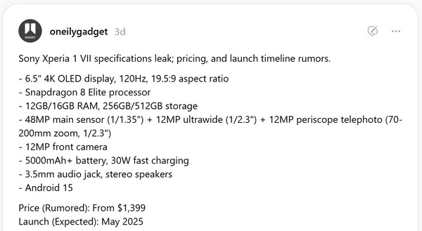 Feltételezett Sony Xperia 1 VII specifikációk. (Kép forrása: oneilygadget)