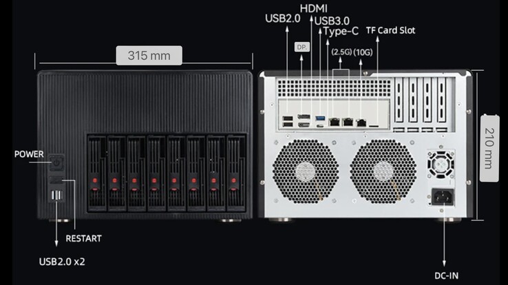 Az XYC X108 NAS PC hátsó és elülső I/O-ja. (Kép forrása: AndroidPC.es)