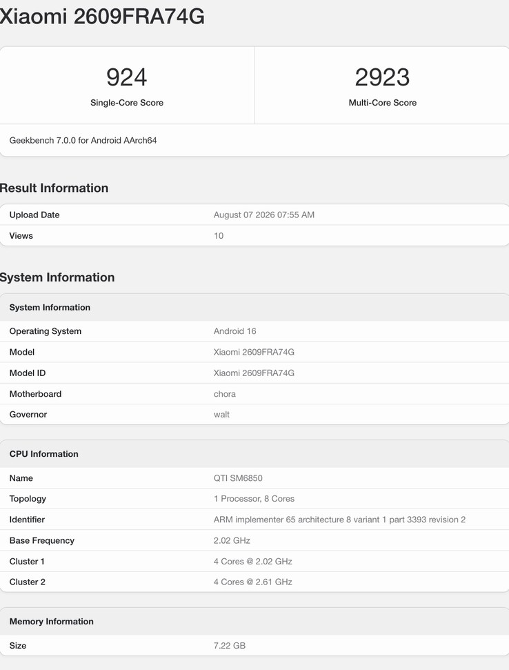 A Redmi Note 17 Pro Max megjelenik a Geekbench 7-en.