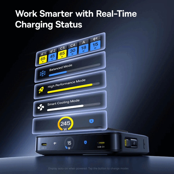 A Baseus Nomos NH21 6-in-1 GaN asztali töltőállomás 3 hüvelykes LCD kijelzővel rendelkezik (Kép forrása: Baseus)