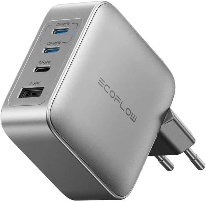 Az EcoFlow Rapid Pro töltő EU-s változata (140 W, 4 port, GaN). (Kép forrása: EcoFlow)