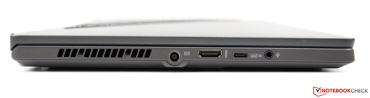 Right: Power supply, HDMI 2.0b, USB-C 3.2 Gen. 2 (with DP, PD, and G-Sync), combined 3.5 mm audio jack