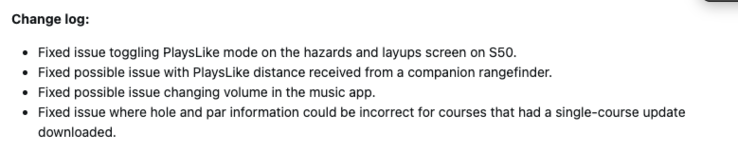A Garmin Approach S44 és S50 okosórák 8.04-es rendszerszoftverének változásnaplója. (Kép forrása: képernyőkép a Garmin fórumáról)