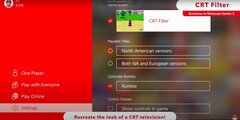 A Nintendo Switch 2 konzol képernyője, amely bemutatja a CRT-szerű megjelenítési opciót rekonstruáló exkluzív képességét (kép forrása: Nintendo of America YT)