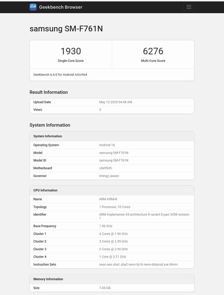 Galaxy Z Flip FE Geekbench listázás (kép forrása: Abhishek Yadav az X-en)