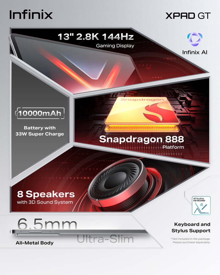 Az Xpad GT játéktábla főbb jellemzői (Kép forrása: Infinix)