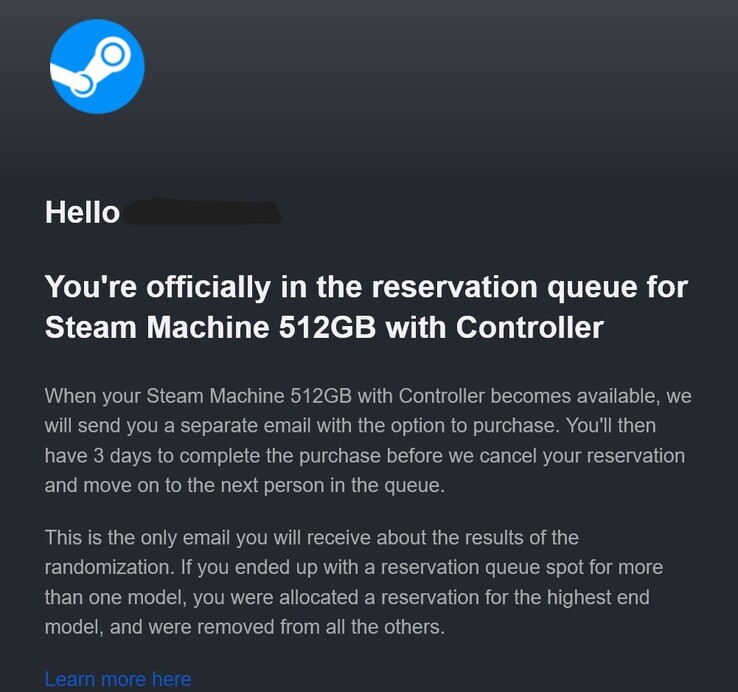 E-mail a Steam Machine előrendeléséről.