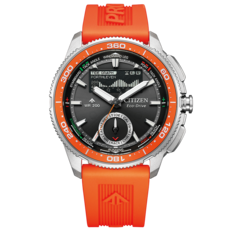 A Citizen Promaster Wave Tracker JV3000-13E előlapi termékképe narancssárga gumiszíjjal, narancssárga lünettával, fekete számlapon és analóg-digitális regattaidőmérő kijelzővel.