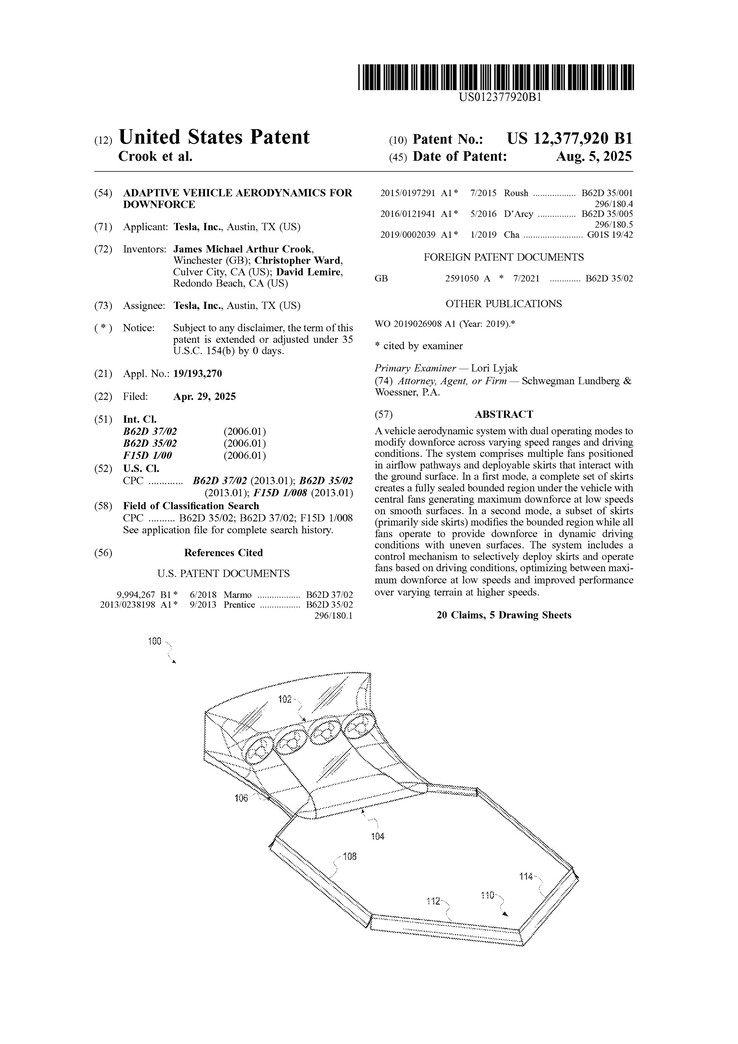 A Tesla Roadster 2 lapátos aerodinamikai rendszer szabadalma. (Kép forrása: USPTO)