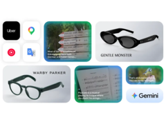 A Google promóciós képe bemutatja a közelgő Android XR okosszemüveg platformot a Gentle Monster és a Warby Parker új szemüvegtípusaival, valamint az AI-alapú funkciókkal, például élő fordítással, navigációval, zenefelismeréssel, vizuális kereséssel és kihangosító alkalmazással