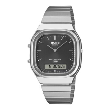 Casio AQ-240E-1A retro analóg-digitális karóra fekete, napraforgó mintázatú számlappal, ezüstszínű tokgal és rozsdamentes acél karkötővel.