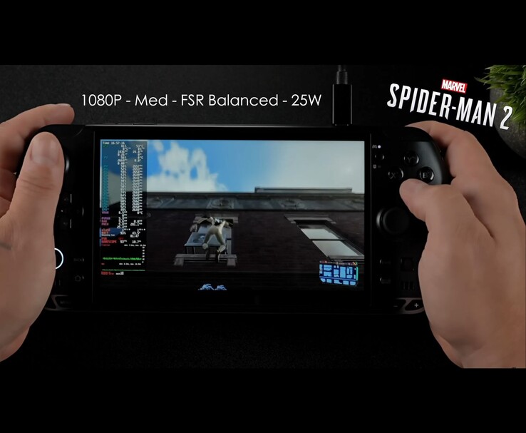 GPD Win 5 kézi játék PC, amelyen a Marvel's Spider-Man 2 1080p közepes beállításokkal, FSR Balanced és 25 W TDP mellett fut. (Kép forrása: ETA PRIME via YouTube)