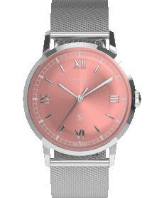Timex x Todd Snyder Marlin Mesh karóra, lazacszínű, napraforgós mintázatú számlappal és rozsdamentes acél hálós karkötővel.