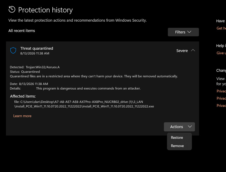 A Windows Defender által jelzett futtatható fájl
