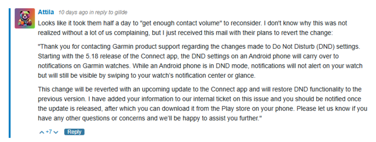 Egy képernyőmentés a Garmin Fórumban található portról, a Garmin üzenetével. (Kép forrása: Garmin Forum)