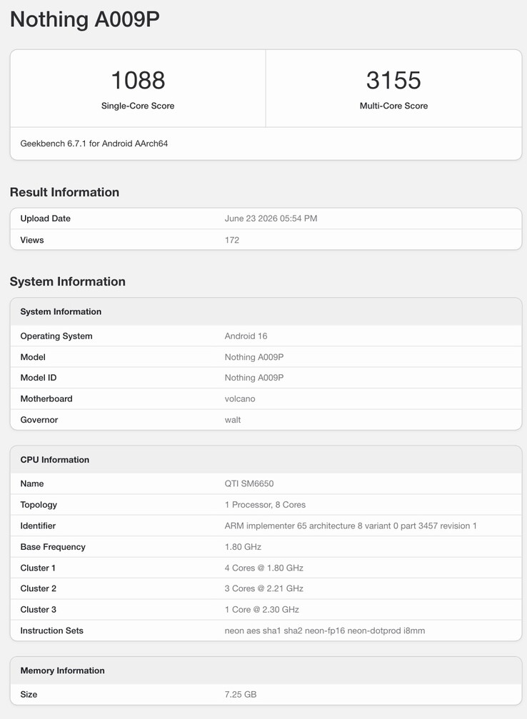 A várható Nothing Phone (4b) Geekbench-adatlapja.