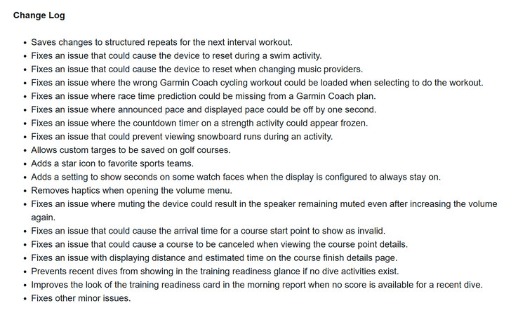A Garmin Forerunner 570 és Forerunner 970 okosórák 16.14-es béta verziójának változásnaplója. (Kép forrása: Garmin fórum képernyőkép)