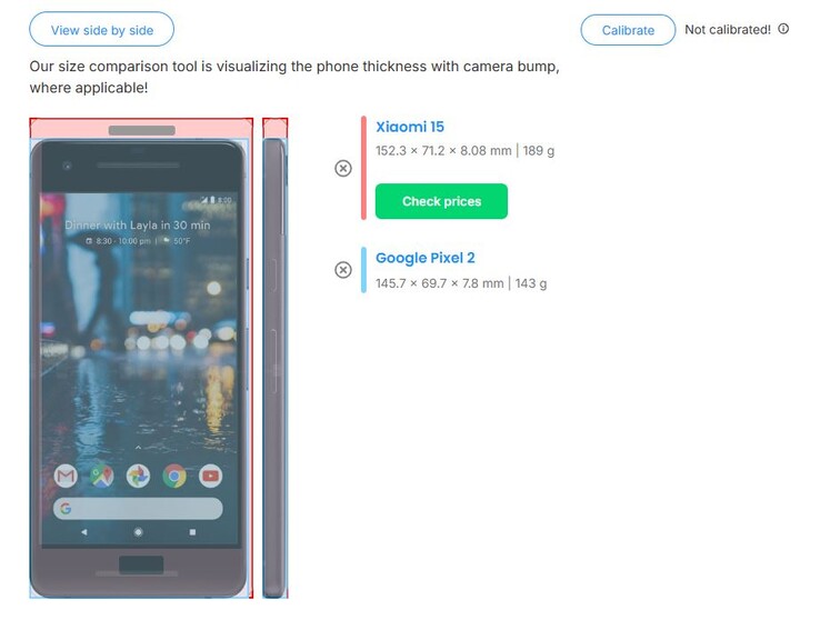 A 6,36 hüvelykes Xiaomi 15 mindössze 6,6 mm-rel magasabb, mint az 5 hüvelykes Google Pixel 2 2017-es modellje. (Kép forrása: PhoneArena)