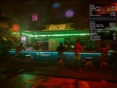 Cyberpunk 2077 fut macOS 26 Tahoe alatt, engedélyezett MetalFX képkocka interpolációval egy MacBook Pro M1 Max-on. (Kép forrása: Blendlogic Tech a YouTube-on)