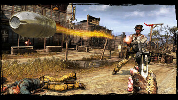 Egy kép, amely a Call of Juarez: Gunslinger című játékban zajló harcot ábrázolja.