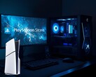 A PS5 a PlayStation Store logóval ellátott játék-PC és monitor mellett (Kép forrása: Sony PlayStation, szerkesztés)