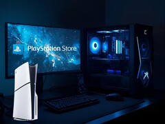 A PS5 a PlayStation Store logóval ellátott játék-PC és monitor mellett (Kép forrása: Sony PlayStation, szerkesztés)