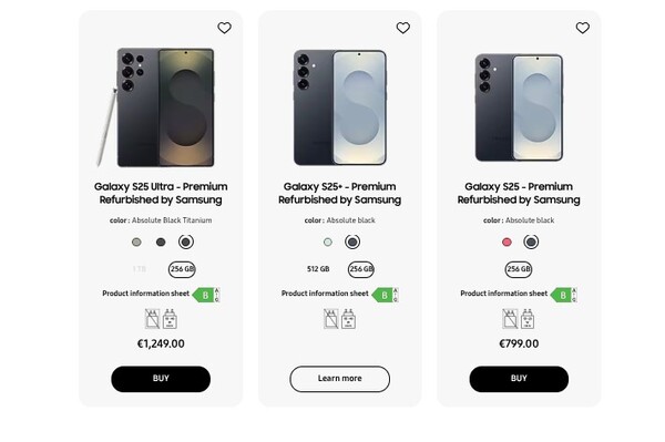 Galaxy Az S25 sorozat színei és konfigurációi a Certified Re-Newed program keretében kaphatók Franciaországban. (Kép forrása: Samsung)