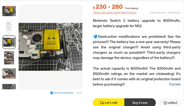 A Nintendo Switch 2-hez készült, 8 000 mAh-s bővített akkumulátor Xianyu-hirdetése