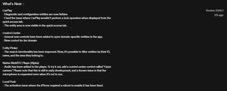 A Home Assistant iOS alkalmazás 2026.1 verziójának változásnaplója. (Kép forrása: képernyőkép a Apple App Store-ból)