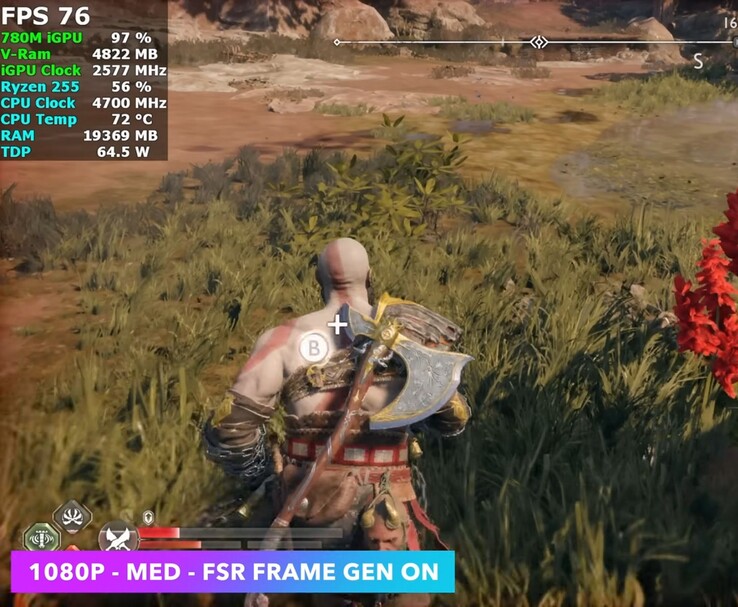 God of War Ragnarök fut 1080p közepes felbontásban FSR Frame Generation segítségével a Minisforum X1 Lite-on Radeon 780M iGPU-val (Kép forrása: ETA Prime via YouTube)