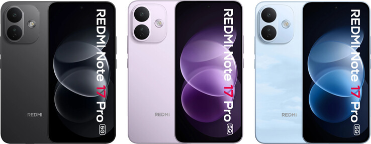 A Redmi Note 17 Pro 5G elölnézete és színválasztéka