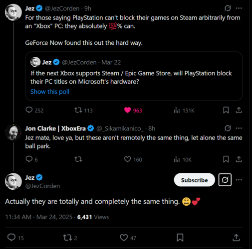 Jez Corden X posztja a Sony PC-s portok blokkolásáról (Kép forrása: screenshot, Jez Corden X account)