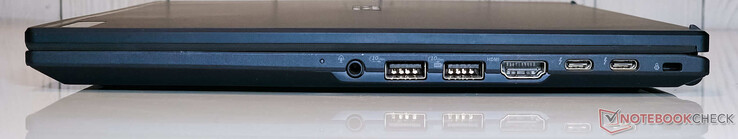 Jobbra: 3,5 mm-es kombinált audiocsatlakozó, 2x USB 3.2 Gen2 Type-A, HDMI 2.1-out, 2x Thunderbolt 4 (DisplayPort és Power Delivery), Kensington Nano foglalat