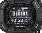 Casio G-Shock Mudman GDG-B100 karóra piros és fehér digitális kijelzővel, zord hegyvidéki táj előtt.