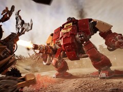 Egy Blood Raven Space Marine Dreadnought tüzel az ork egységekre a Warhammer 40,000: Dawn of War IV motoros trailerében. (Kép forrása: Warhammer via YouTube)