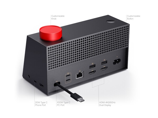 A Lenovo AI Work Companion Concept hátoldalán és jobb oldalán számos port található.